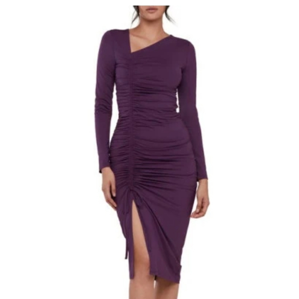 Asymmetrical shirred jersey midi dress